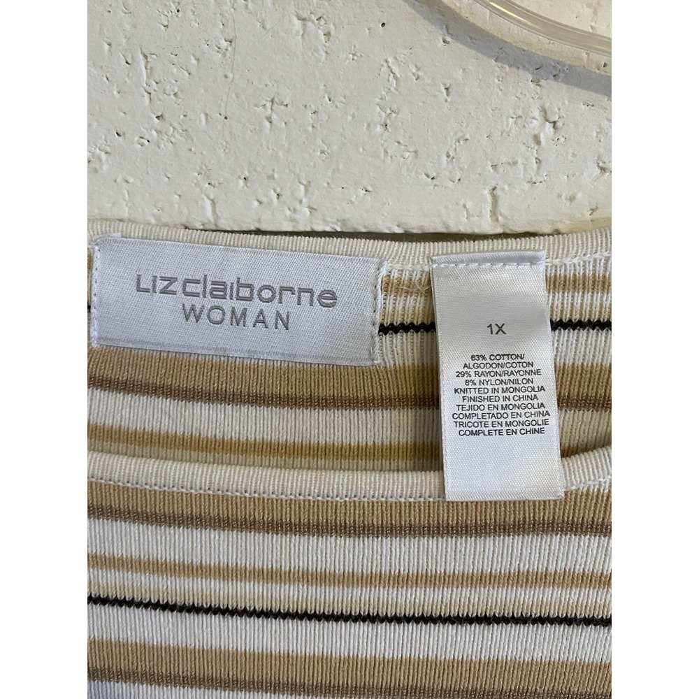 Liz Claiborne Woman Stripe Roundneck‎ Long Sleeve Top in Tan & White Sz 1X - Picture 3 of 5